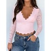 Women's Floral Lace Long Sleeve Crop Top Deep V Neck Low Cut Slim Fit Spring Fall Shirt Going Out Tops - 4 of 4