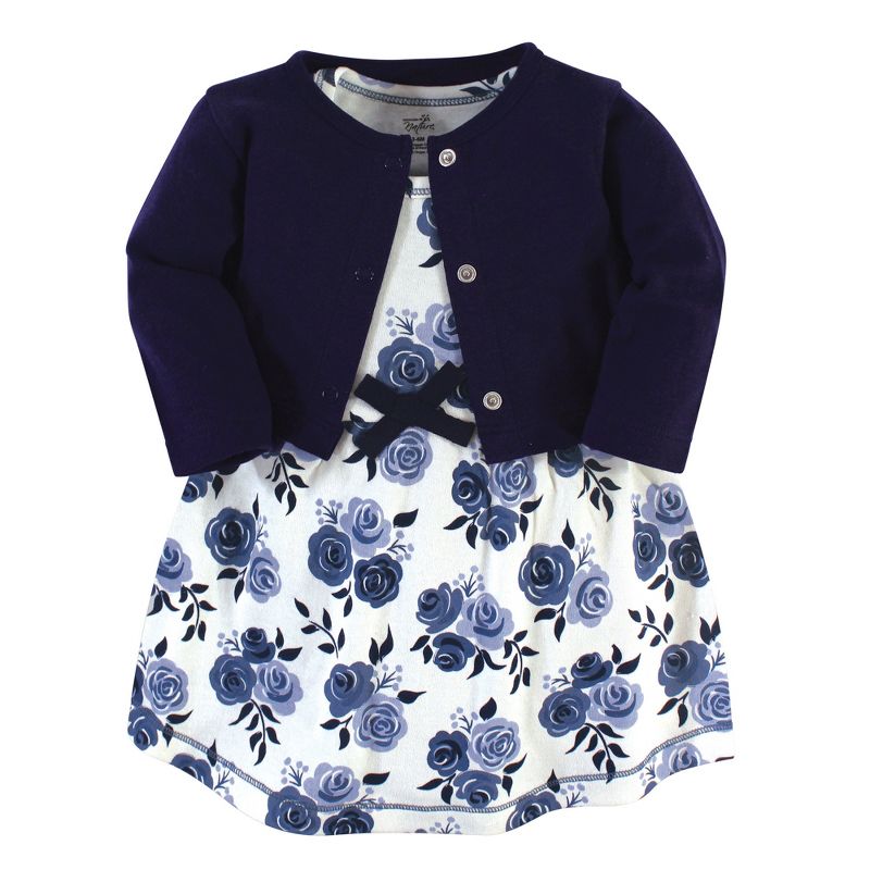 Touched by Nature Baby and Toddler Girl Organic Cotton Dress and Cardigan 2pc Set, Navy Floral, 1 of 6
