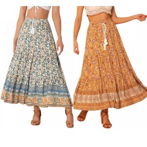 INSPIRE CHIC Women's Summer Floral Boho Tassels Elastic Waist Casual Maxi Skirts 2 Packs - 1 of 4