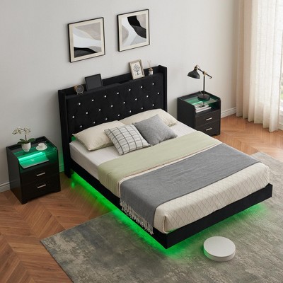 Floating Bed Frame, Modern Platform Bed Frame, Wood Slats Support, Upholstered Headboard, No Box Spring Needed, Black