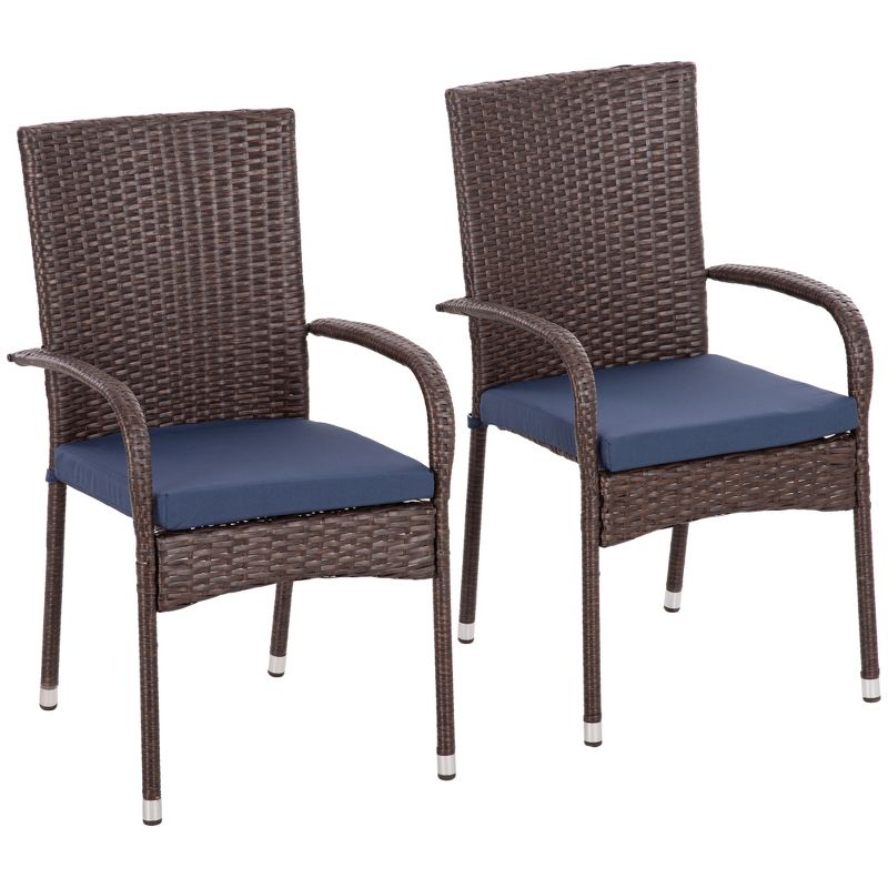 Outsunny 2 Stackable Outdoor Dining Chairs, Cushioned Patio Wicker Dining Chairs, 1 of 7