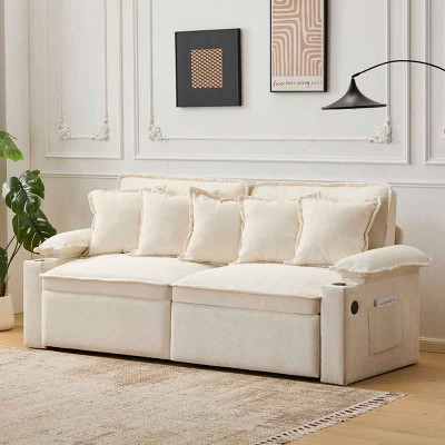 3-in-1 Convertible Sofa Bed with Hidden Storage, Tri-Mode Sofa with USB Charging and Cup Holders, Chenille Sofa with Metal Frame-Coolbibila