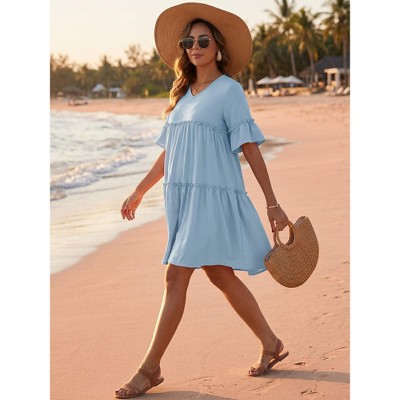 Женские платья INSPIRE CHIC Women's Maternity Dress Babydoll Bohemian Tiered Ruffled Bell Sleeve Casual V Neck Boho Pregnancy Dresses Medium Blue — фото 3