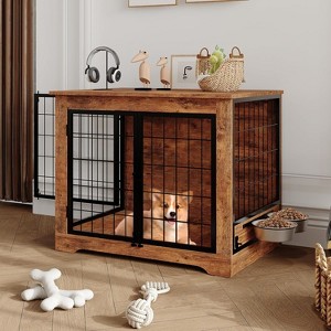 COZONY 32 Inch Heavy Duty Dog Crate Furniture with 2 Bowls Rustic Wooden Kennel for Small Medium Dogs - 1 of 4
