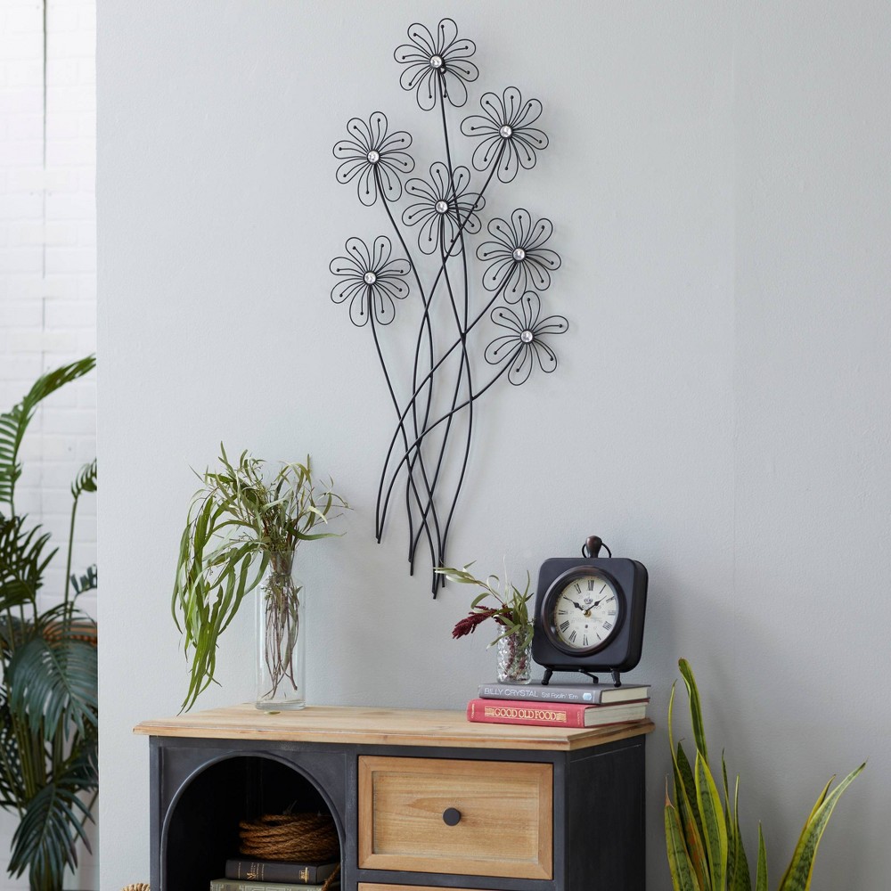 Photos - Wallpaper Metal Floral 3D Wire Wall Decor with Crystal Embellishments Black - Olivia