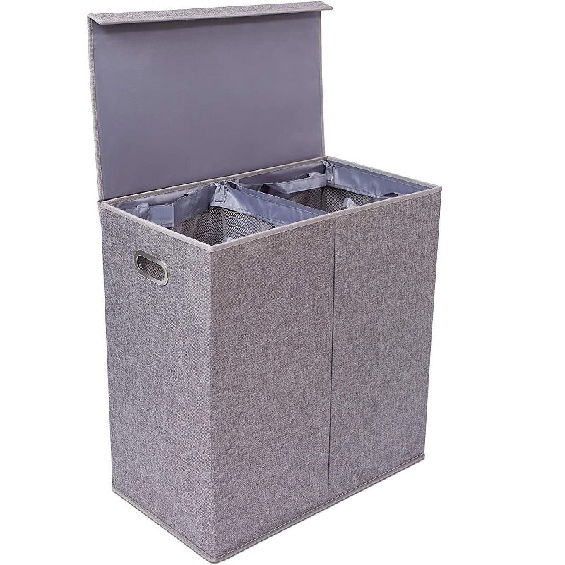 BirdRock Home Double Linen Laundry Hamper with Lid and Removable Liners - Grey, 1 of 8