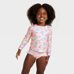 Toddler Girls' Long Sleeve Two Piece Multi Floral  Rash Guard Swimwear Set - Cat & Jack™ Cream - 1 of 3