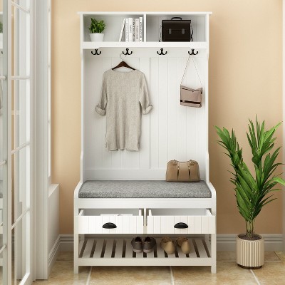 FUFU&GAGA Hall Tree Entryway Storage Bench with Hooks and Drawers