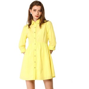 INSPIRE CHIC Women's 3/4 Sleeve Button Front Solid Color Flare Mini Shirt Dress - 1 of 4