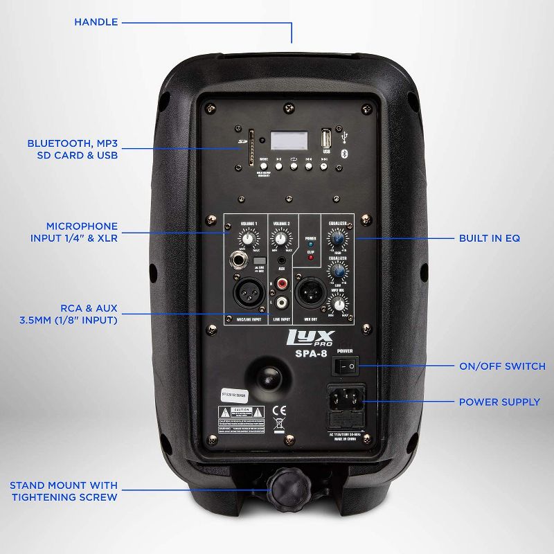 LyxPro 8” 100-Watt Powered Active PA Speaker W/Bluetooth, XLR Input, 2 of 8