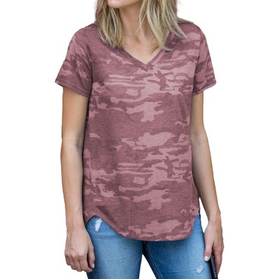 Amaryllis Women's Short-Sleeve Casual V-Neck Camouflage Print Soft Durable High Low Tee