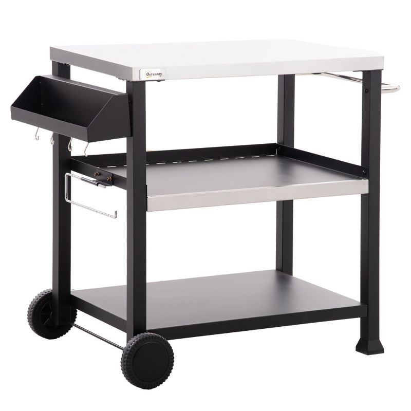 Outsunny Three-Shelf Outdoor Grill Cart with Stainless Steel Tabletop, 32" x 20.5" Multifunctional Pizza Oven Stand, Movable Food Prep Table on Wheels, 1 of 7