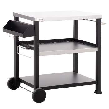 Outsunny Three-Shelf Outdoor Grill Cart with Stainless Steel Tabletop, 32" x 20.5" Multifunctional Pizza Oven Stand, Movable Food Prep Table on Wheels