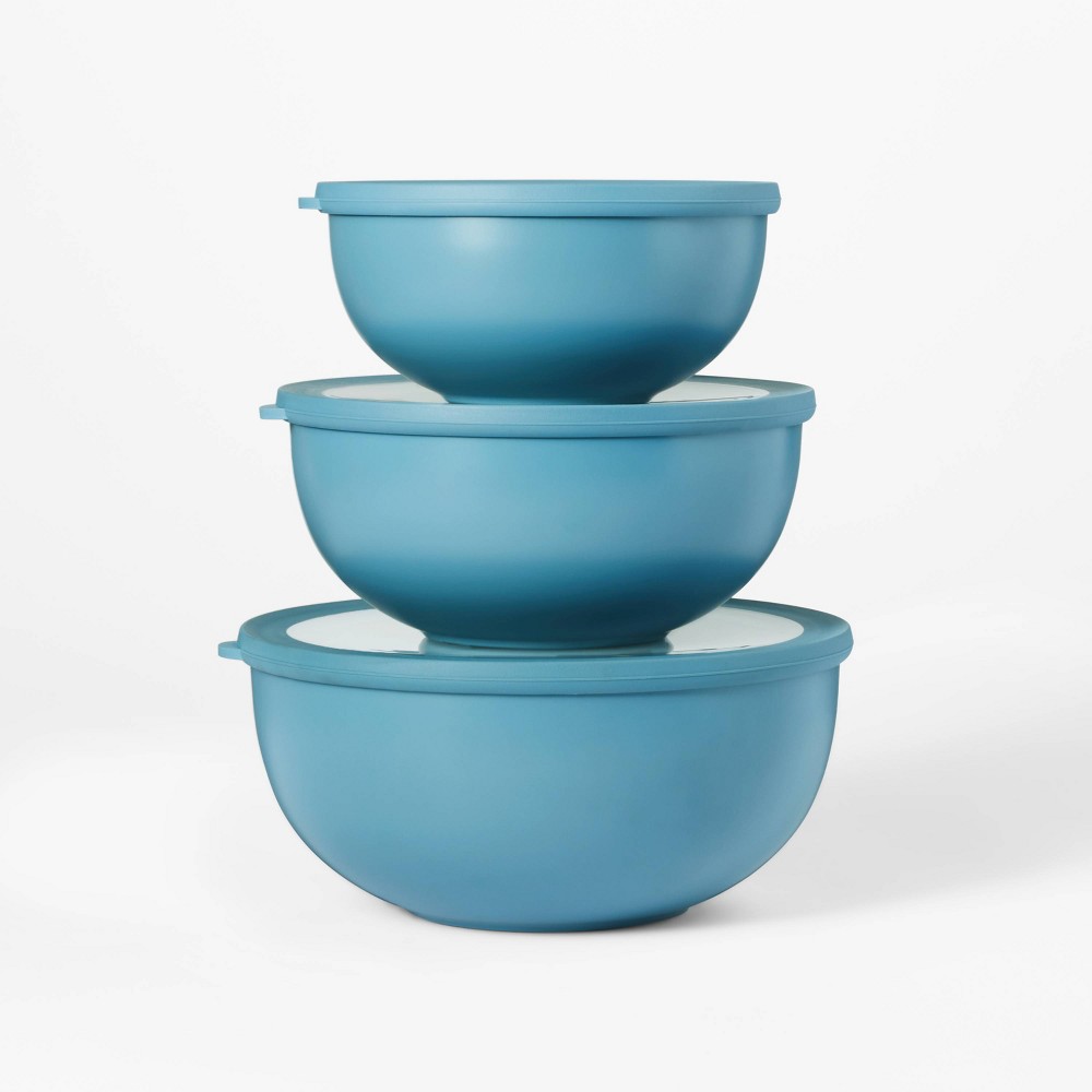 Set of 3 Plastic Mixing Bowl Set with Lids Blue - Figmintâ„¢