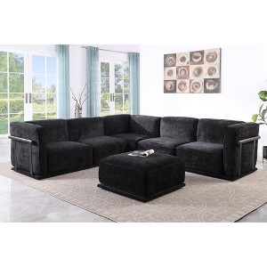 Standard Velvet Fabric Modular L-Shaped Sectional Sofas Set with Multiple Independent Seats, Includes Ottoman, and Wooden Metal Armrests - 1 of 4
