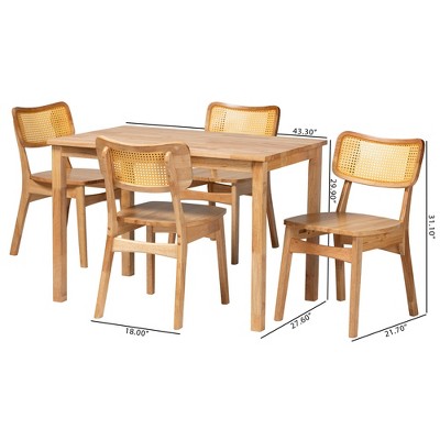 Mid-Century Modern Oak Brown Wood and Rattan 5-Piece Dining Set