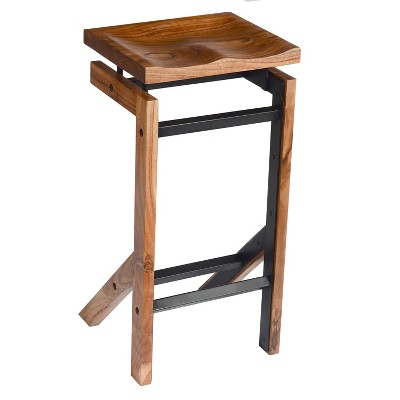 29" Metal Frame Acacia Wood Barstool with Saddle Seat Brown/Black - The Urban Port