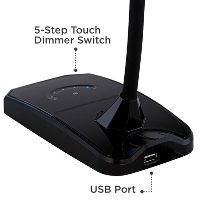 Black Adjustable LED Desk Lamp with Touch Control and USB Charging Port