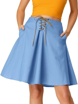 Allegra K Women's Lace-Up Knee Length Flared Pleated Denim Jean Skirt