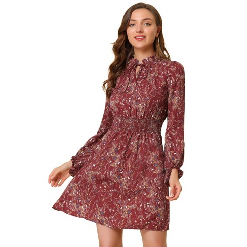 Allegra K Women's Smocked Waist Tie Neck Floral Long Sleeve Dress Burgundy  Medium : Target