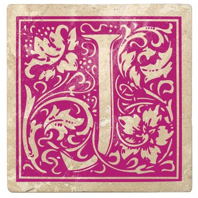 Christmas by Krebs 4pc Ivory and Tutti Frutti Pink Alphabet "J" Square Monogram Coasters 4"