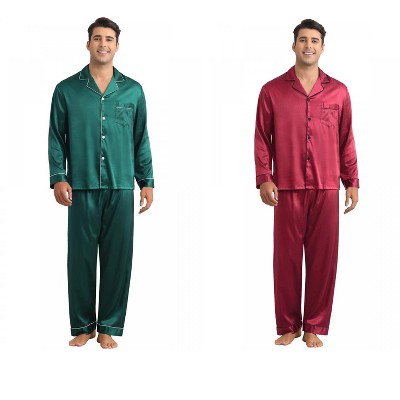 INSPIRE CHIC Men's 2 Pack Sleepwear Button Down Long Sleeve Classic Satin Pajamas Sets