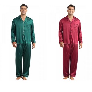 INSPIRE CHIC Men's 2 Pack Sleepwear Button Down Long Sleeve Classic Satin Pajamas Sets - 1 of 4