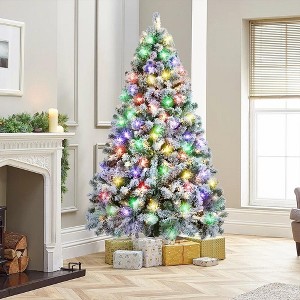 Swtroom 6Ft Christmas Tree 550 Multicolored Lights Snow Flocked Pine Tree 9 Light Lighting Modes Party Decoration - 1 of 4