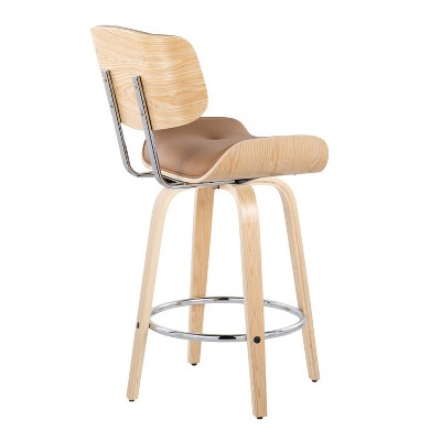 Camel Faux Leather and Natural Wood Swivel Counter Stools