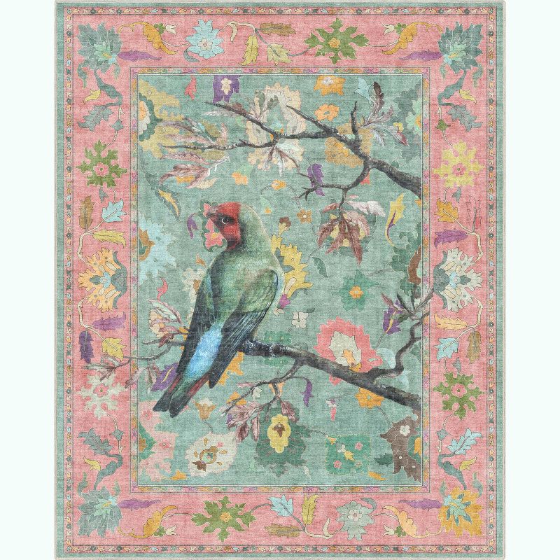 Apollo Botanical Birds Green Multi Synthetic Washable Area Rug, 9'10" x 13'