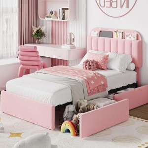Kids Boucle Upholstered Bed Frame with Bookcase Headboard and 2 Storage Drawers, Noise-Free Platform Bed - 1 of 4