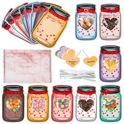 48 Valentine's Day cards, kraft paper candy jar, Valentine's Day cards with 48 transparent sealed bags,Christmas gift (excluding candy)