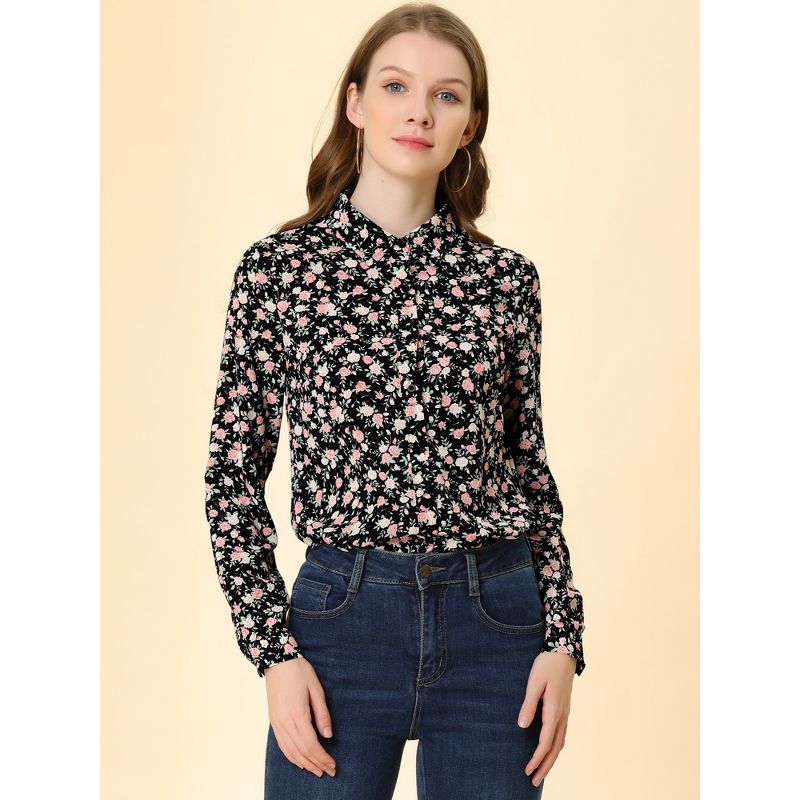 Allegra K Women's Daily Point Collar Long Button Sleeve Button Down Floral Shirt, 4 of 8