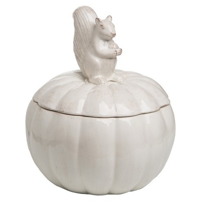 Transpac Dolomite 10 in. White Harvest Squirrel and Pumpkin Container