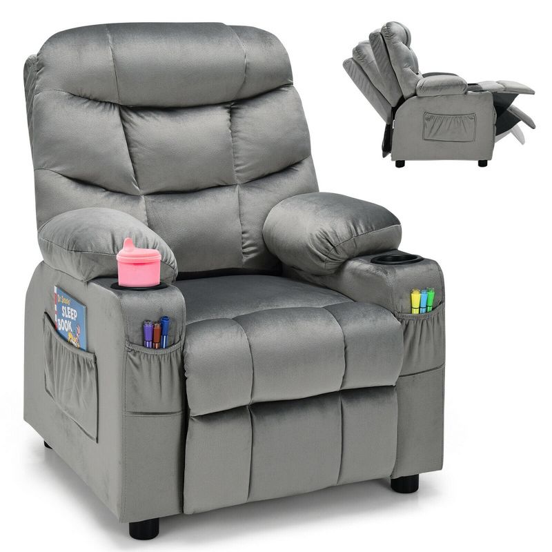 Costway Kids Youth Recliner Chair Velvet Fabric w/Cup Holder & Side Pocket Blue/Pink, 1 of 11