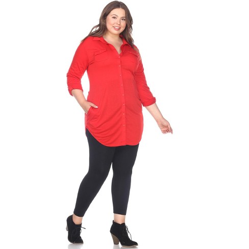 Women's Plus Size Stretchy Button-Down Tunic with Pockets Red 4X - White  Mark