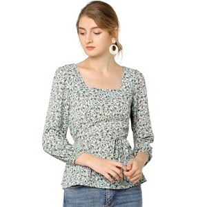 Allegra K Women's Floral Print Belted Waist Square Neck Vintage Peplum Blouse - 1 of 4