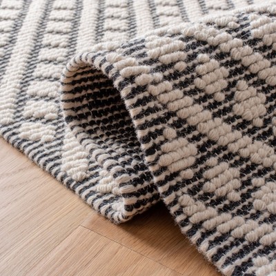 Handmade Ivory and Black Wool Geometric Runner Rug, 2'3" x 8'