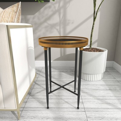 Black Round Metal and Stone Accent Table with Graduated Legs
