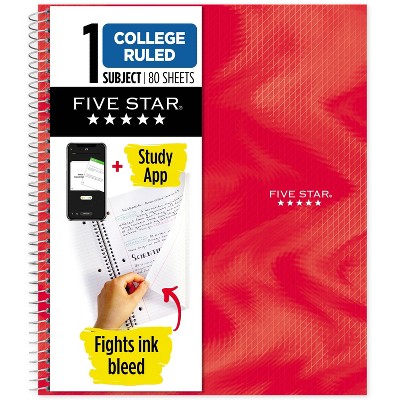 Five Star Active 1 Subject 80ct College Ruled Notebook Red: Spiral Single Subject, Flexible Cover, 8.5 x 11 Inch