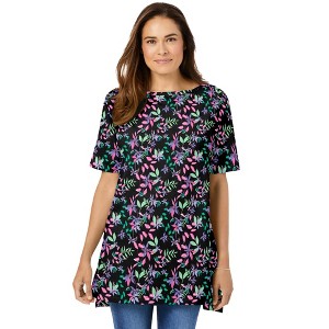Woman Within Women's Plus Size Perfect Printed Short-Sleeve Boatneck Tunic - 1 of 4