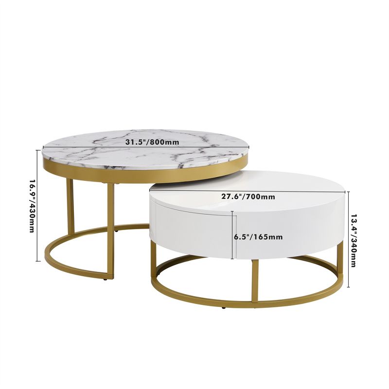 Modern Round Nesting Coffee Table, Cocktail Table with 2 Drawers, Golden+White-ModernLuxe, 4 of 16