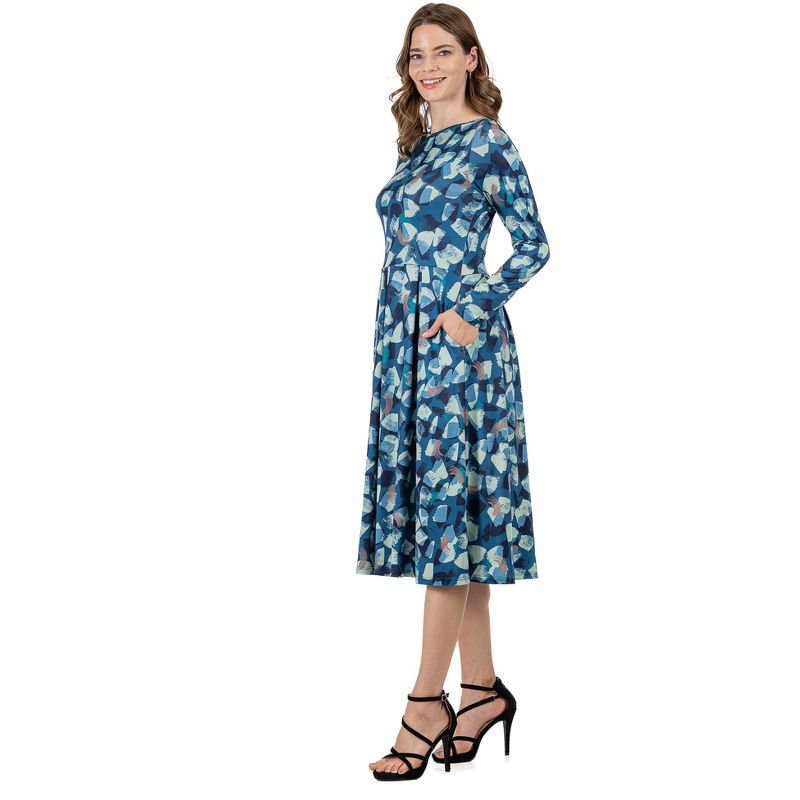 24seven Comfort Apparel Blue Brushstroke Print Long Sleeve Pleated Midi Dress with Pockets, 2 of 5