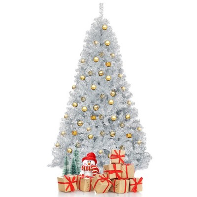 Costway 7.5Ft Hinged Unlit Artificial Silver Tinsel Christmas Tree Holiday w/Metal Stand