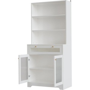 TackView 62" Pantry Cabinet with Storage Drawers Kitchen Bar Cabinet with 3-Tier Open Shelf Microwave Stand Glass Door Cupboard for Dining Living Room - 1 of 4