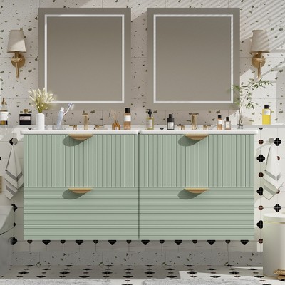 48" Modern Style Wall-Mounted Bathroom Vanity Combo with Double Ceramic Sinks, 4 Drawers, Ideal for Small Bathrooms, White/Green - ModernLuxe