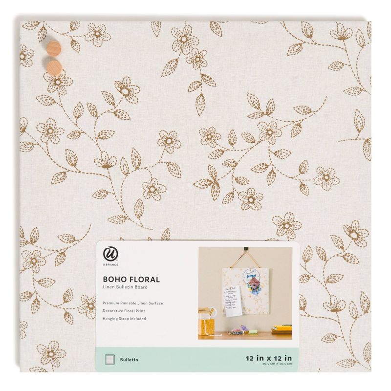 U Brands 12&#34;x12&#34; Printed Linen Bulletin Board with Leather Strap - Boho Floral, 3 of 8