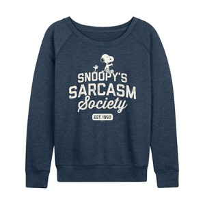 Women's - Peanuts - Snoopy Sarcasm Society Lightweight French Terry Wide Neck Long Sleeve Shirt - 1 of 4