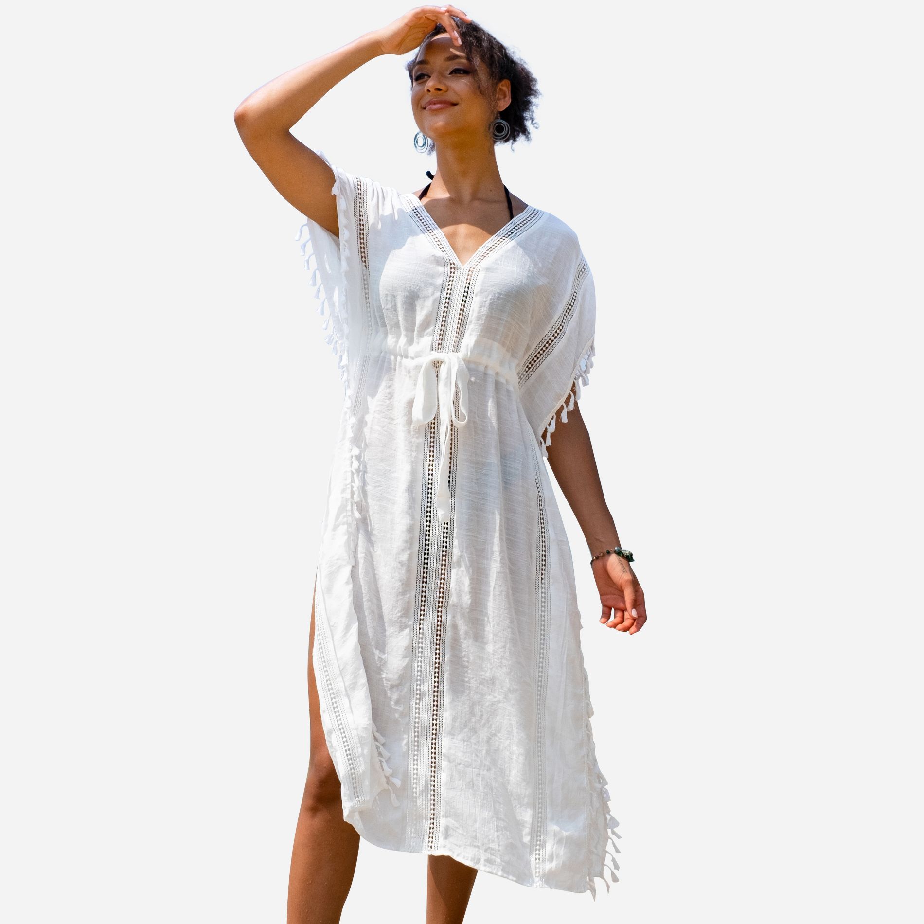 Cupshe Women's Cover Up Tassel Trim Belted Side Split Midi Length Beachwear-Medium-White