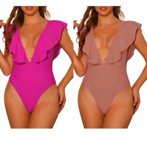 INSPIRE CHIC Women's V Neck Ruffled High Cut Tummy Control Monokini Swimwear Bathing Suit One Piece 2 Sets - 1 of 4